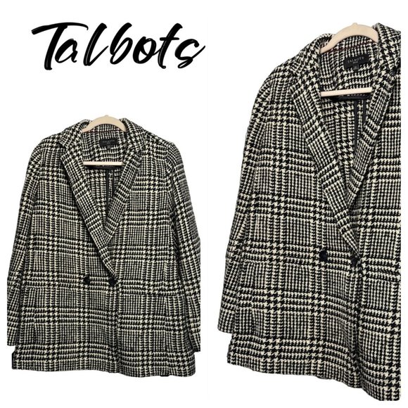 Talbots Ladies Black/White Business Wool Blend Button Pea Coat Size 12 Petite - Picture 1 of 6